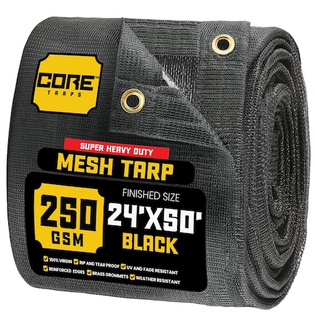 Core Tarps Mesh Tarp, 24 ft X 50 ft, Black, Polyethylene CT-801-24X50